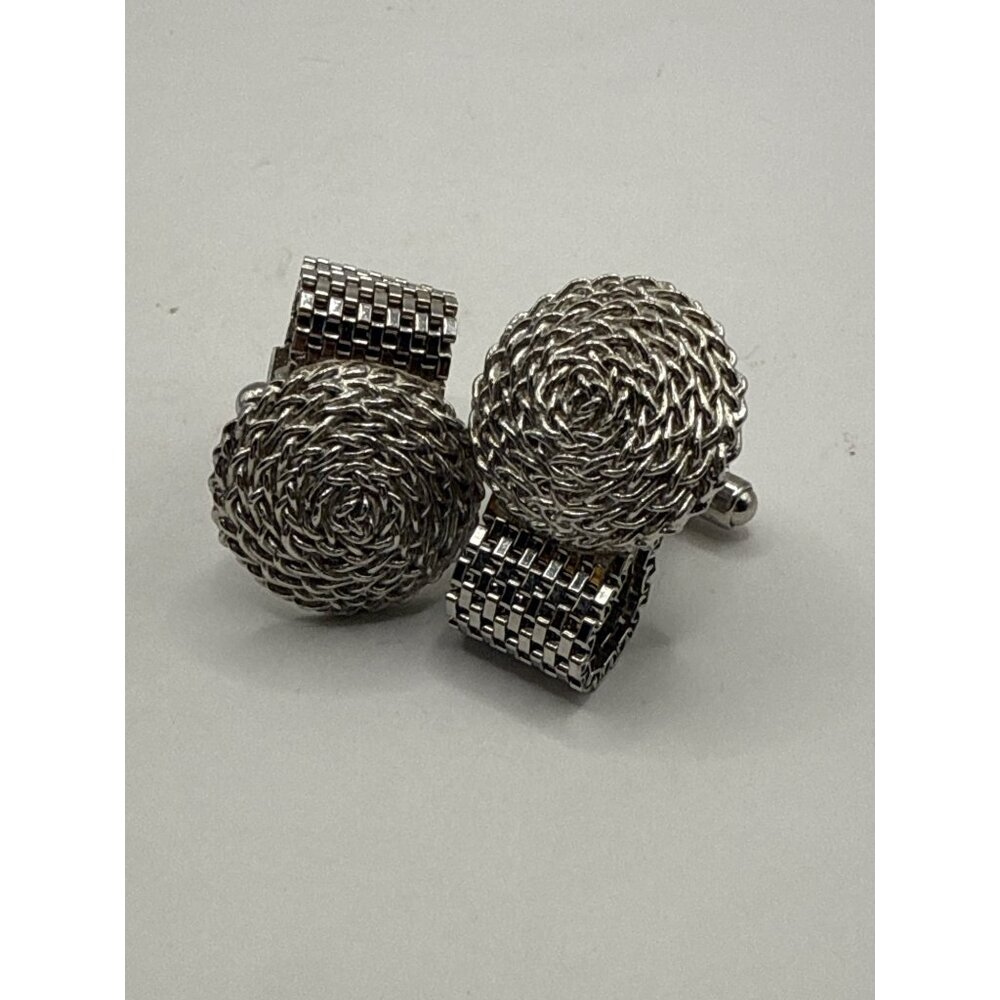 Vintage Silver-Tone Mesh Wraparound Cufflinks Mens Formal Accessories